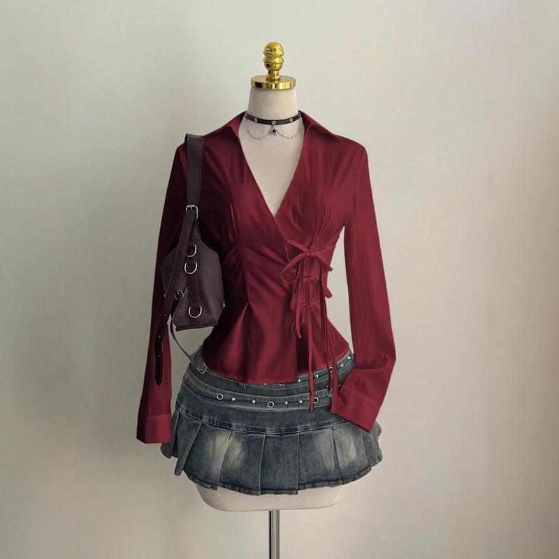 Cross-Border Aliexpress Sexy Slim-Fit Waist-Cinching Tie Shirt for Women, Elegant V-Neck Long-Sleeve Cardigan Top with Tie Cross-Border Aliexpress Sexy Slim-Fit Waist-Cinching Tie Shirt for Women, Elegant V-Neck Long-Sleeve Cardigan Top with Tie