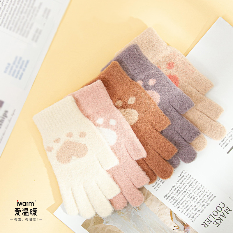 iwarm Love Warm Two-Finger Gloves for Women Winter Fleece Insulated Warmth Cute Cat Paw Plush Half-Finger Gloves