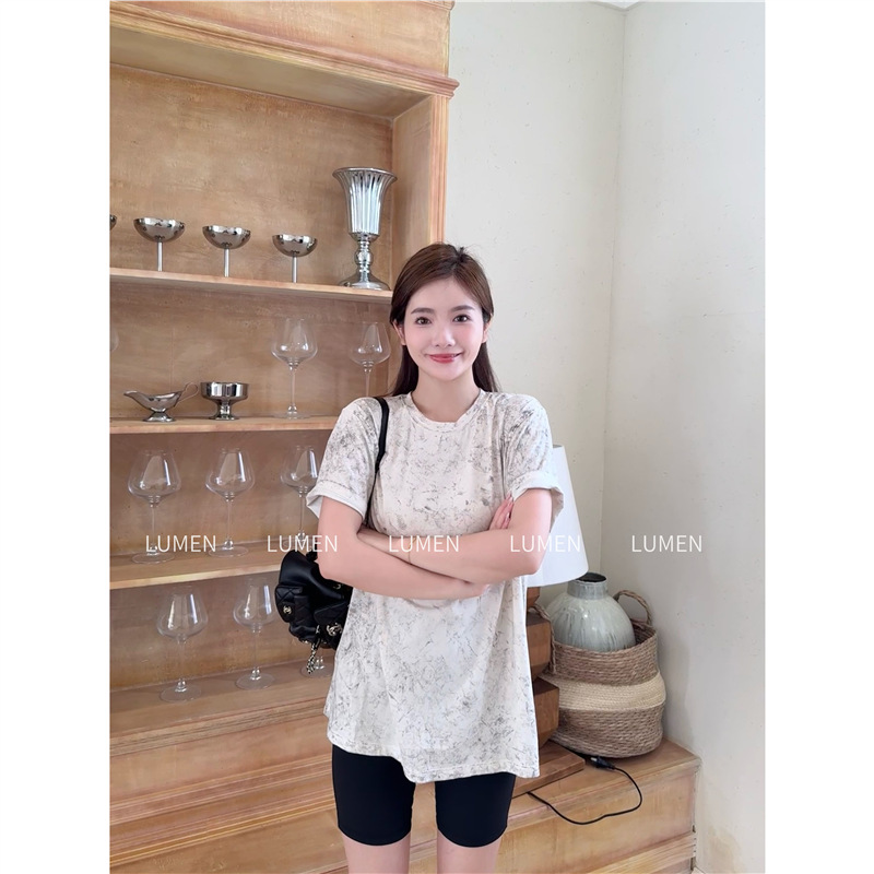 luqi lulu 타이다이 프린트 반팔 티셔츠 여성용 여름 산뜻하고 속건성 스포츠 캐주얼 베이스 레이어