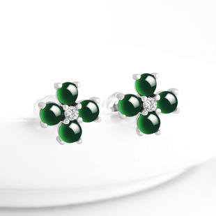Natural A goods jadeite ink four-leaf clover jade earrings S925 silver inlaid fashion high-end women's earrings wholesale