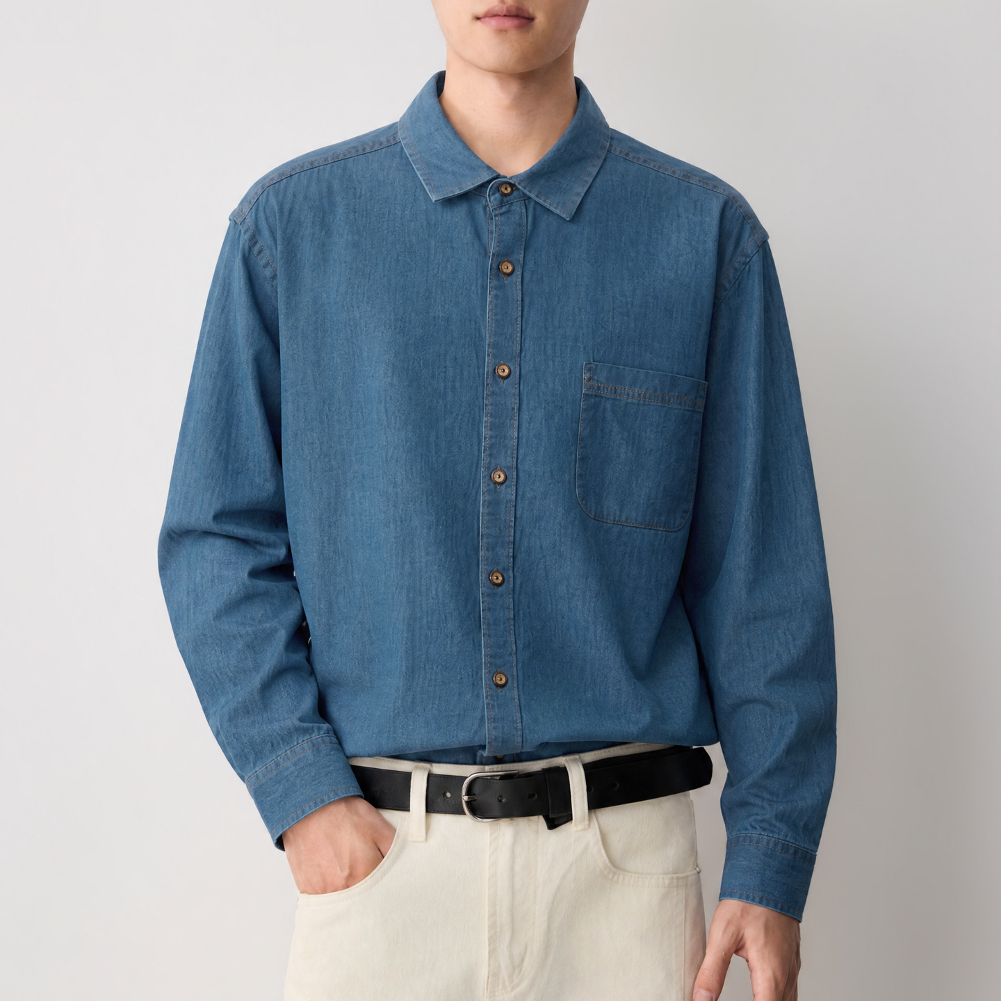 Áo sơ mi denim nam phong cách công sở, chất liệu cotton thoáng mát — màu xanh nhạt