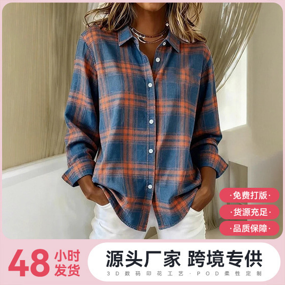 2025 Independent Station Amazon Hot Style Women's Autum Shirt New European and American Trendyy Plaid Printed 3D Shirt 2025 Independent Station Amazon Hot Style Women's Autum Shirt New European and American Trendyy Plaid Printed 3D Shirt