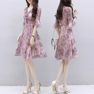 Chiffon Dress Women's Summer Dress 2025 New Style Waist Slimming Look Elegant Super Fairy Petite Floral Long Skirt