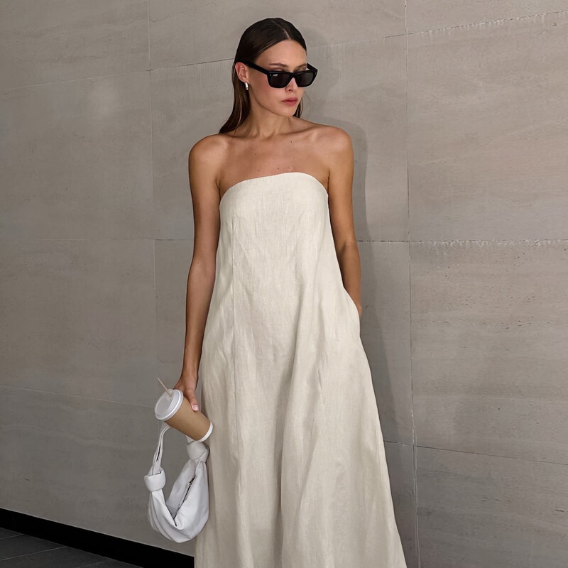 Summer New Style French Early Summer Style Sleeveless High-Waisted Tube Top Cotton and Linen Long Cotton and Linen Dress with a Unique European and American Cross-Border Design