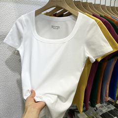 40本94綿精練綿生放送品質白u字襟半袖tシャツ女性夏百合カジュアルシンプルinst