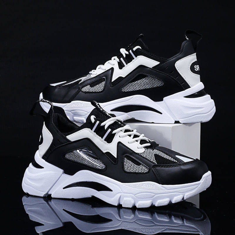 Giày thể thao nam đế dày tăng chiều cao thoáng khí kiểu Hàn Quốc, giày sneaker thường ngày cổ thấp — Trắng xanh lam, Đen toàn bộ, Đen đỏ