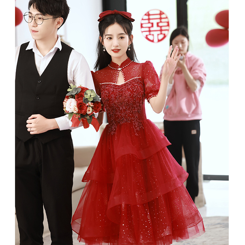 Cheongsam Toast Dress 2025 New Bridal Wedding Winter Red Wedding Dress Petite High-End Engagement Dress for Women