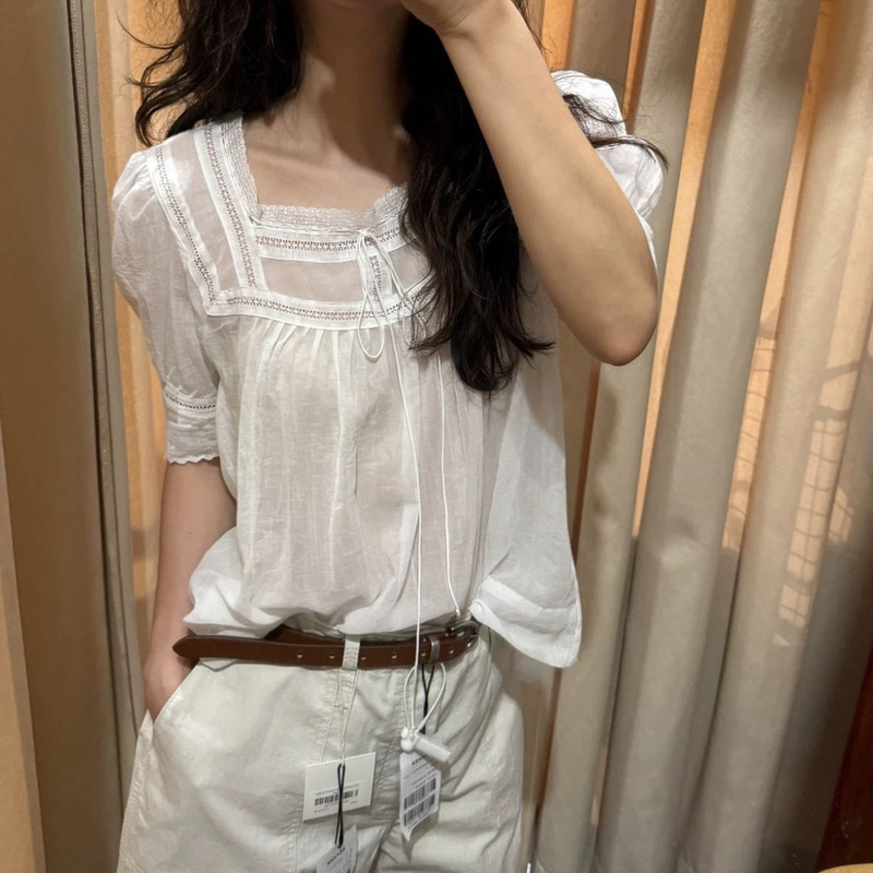 Mona XH Korean-style lace-up square-neck lace patchwork short-sleeve shirt, Dongdaemun summer new solid color top for women