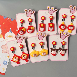 New Year Chinese style student ear clip jewelry lucky bag red envelope gold ingot earless children star pendant ear jewelry
