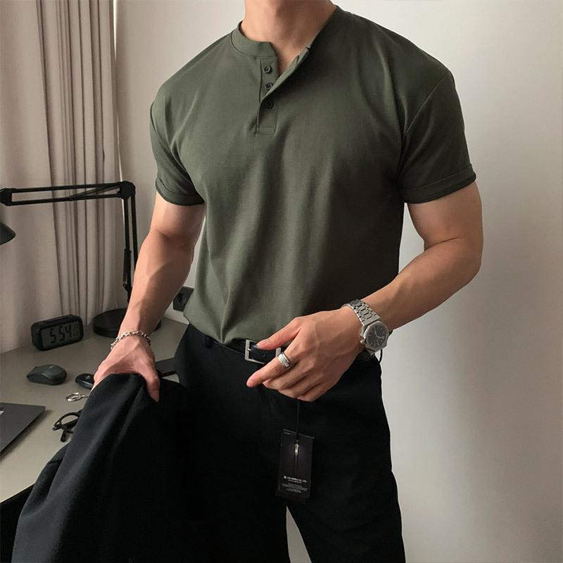 American Style Retro Heavy-Duty Short-Sleeved T-Shirt Men's Polo Shirt Mature and Steady Tight Cuff Fitness Tough Guy Henry Shirt