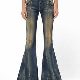 高版现货~Blumar***千禧秀场辣妹复古喇叭铆钉拼接长裤女