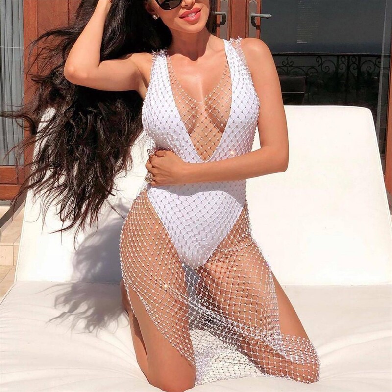 Amazon European and American Fishnet Flash Diamond Hollow dress Full Diamond Long Sexy Nightclub Party Bikini Blouse