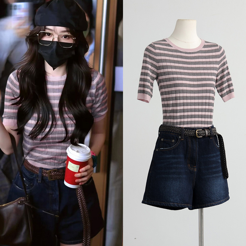 [In Stock] Yang Mi Style Striped Color-Block Slim Fit Knit Top + Casual Versatile Denim Shorts Fashion Set for Women