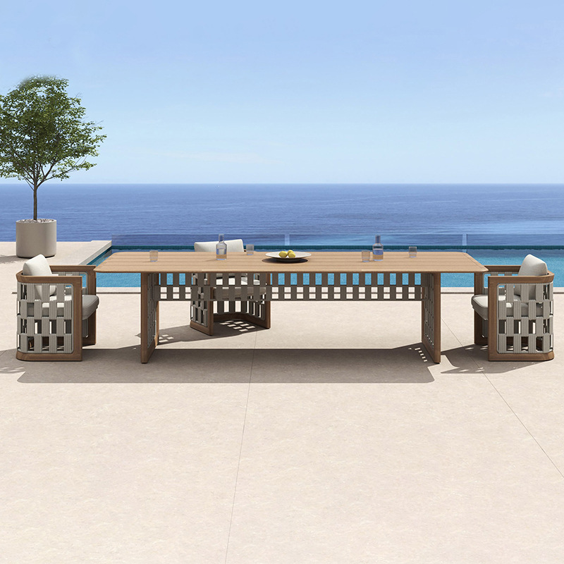 Mesa y sillas de teca al aire libre patio jardín tabla de madera impermeable hotel villa resort todo el tiempo mesa larga de madera maciza