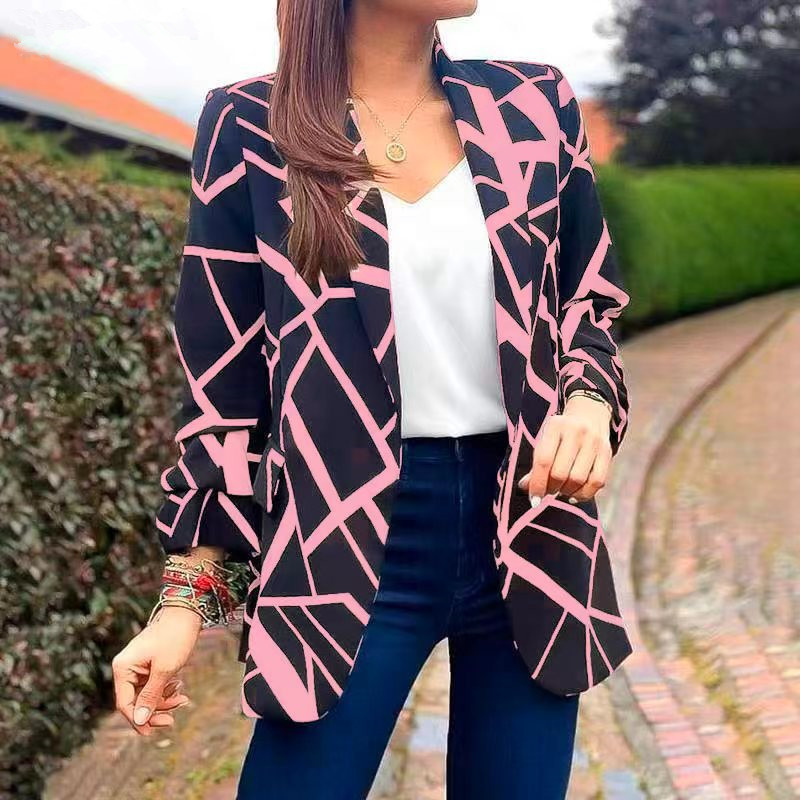 Saco Blazer Estampado Sin Botones de Poliéster Entallado Manga Larga para Mujer