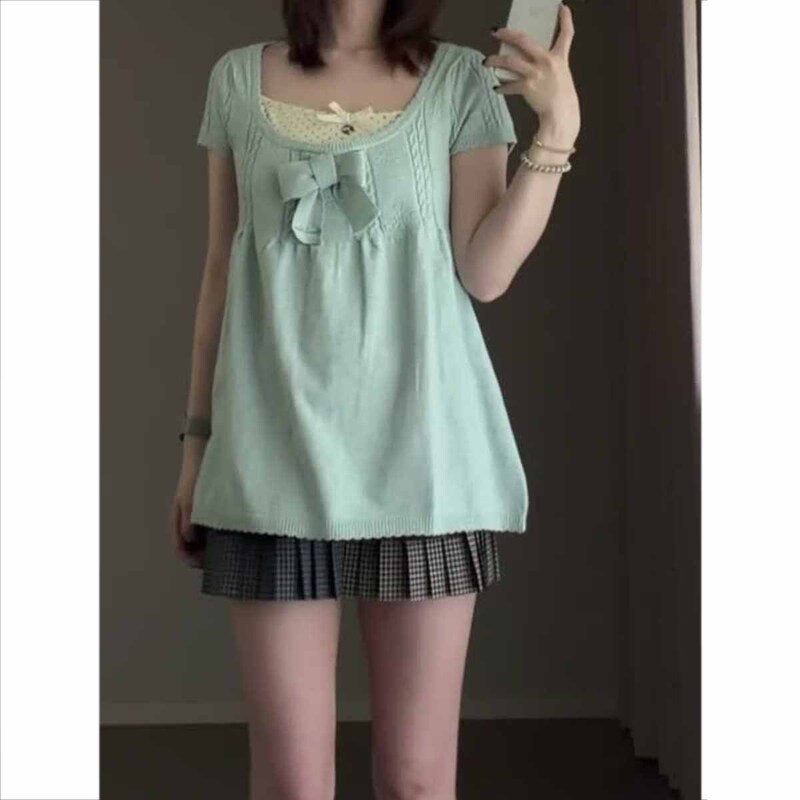 Fresh Mint Green Gentle First Love Style Top with Bow Short Sleeves for Girls Summer 26-Piece Set Knitted Doll Shirt