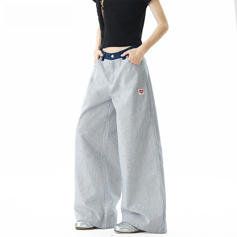 美式复古条纹直筒牛仔裤女夏季韩版潮流拼色宽松百搭休闲长裤|undefined