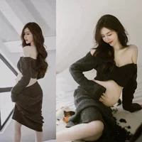 Новая фотостудия для беременных женщин Фото Одежда фотография Портрет Искусство Трикотажный костюм с разрезом черный модная одежда для беременных