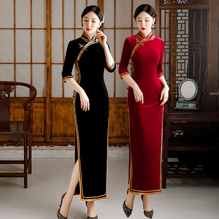 372 Gushengjiao 2021 New Gold Velvet Cheongsam Retro Modified Dress Red Long Dress Toast Dress
