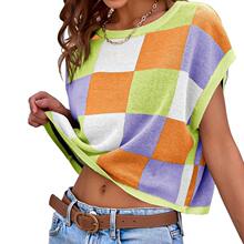 X 65607 Checkerboard Crop Knit Top ���̸�¶����֯���羳