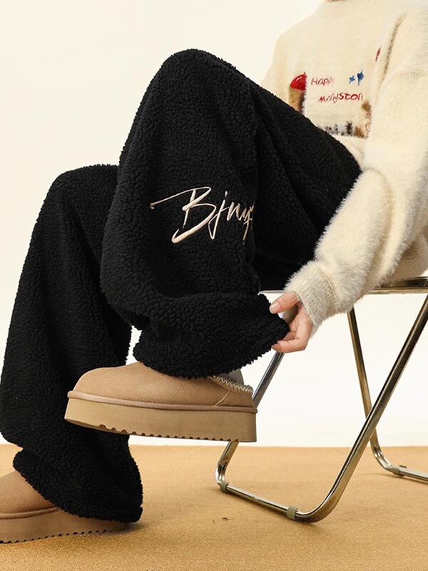 American Letter Embroidered Lamb Fleece Cotton Pants for Men and Women Winter Trendy Brand Thickened Warm Straight Leg Pants Loose Wide Leg Pants American Letter Embroidered Lamb Fleece Cotton Pants for Men and Women Winter Trendy Brand Thickened Warm Straight Leg Pants Loose Wide Leg Pants