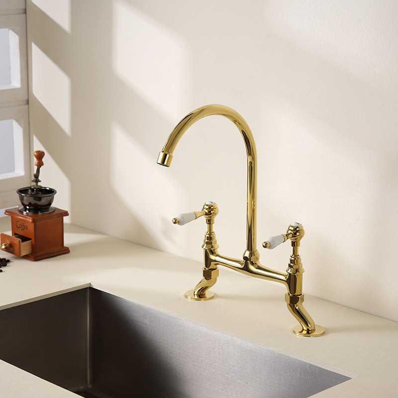 French Retro Bridge Kitchen Faucet All Copper Double Hole Rotatable Sink Faucet Ceramic Handle Gold