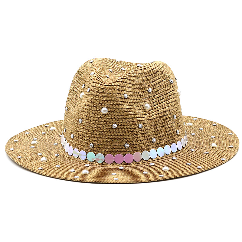 Fashion Outdoor Beach Sun Shade Jazz Straw Hat Pearl Panama Straw Hat display picture 4