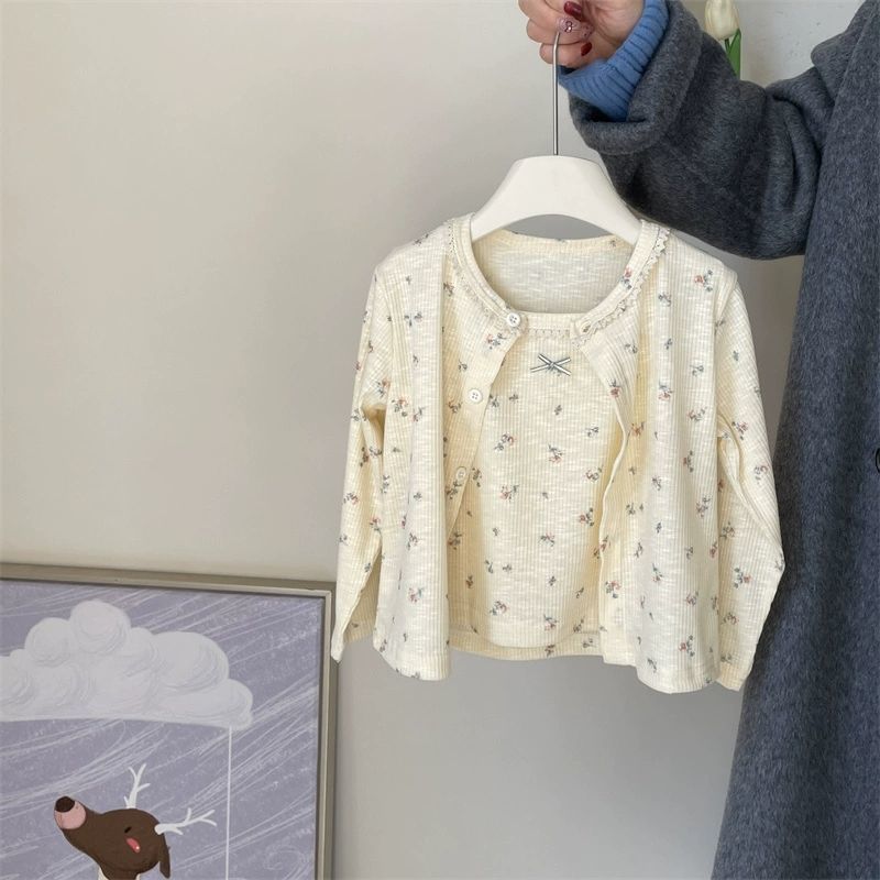 Girls' Floral Cardigan Suspender Suit, Fashionable Spring & Fall Clothing, Baby Girl's Sweet Vest Two-Piece Set, Cute Girl
