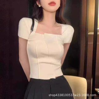 方领短袖t恤女夏季新款修身显瘦设计小众领美式复古鱼骨别致上衣