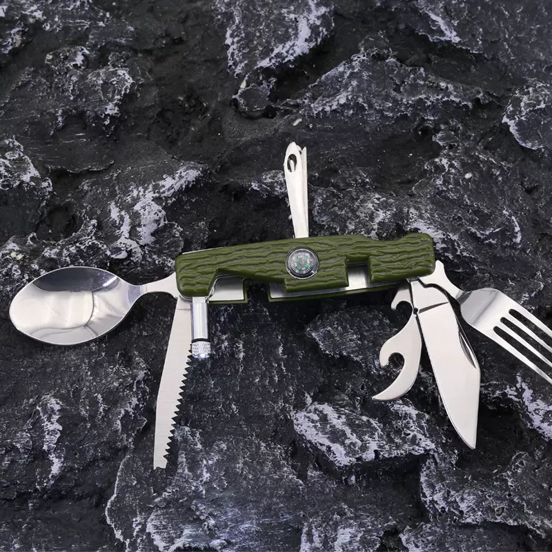 9开多功能餐具刀叉更带灯组合多用刀具餐具 户外野营可折叠刀叉勺