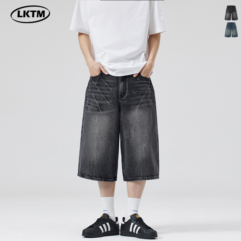 LKTM Men's# American High Street Washed Design Lightning Pattern Denim Shorts Men's and Women's Loose Wide Leg Cropped Pants