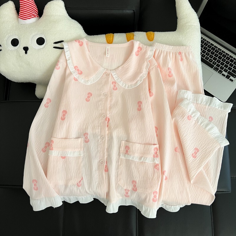 Spring, Autumn and Summer Women's Pajamas, Doll Collar, Cloud Cotton Long-Sleeved Trousers Set, Simple, Sexy and Sweet Home Wear Spring, Autumn and Summer Women's Pajamas, Doll Collar, Cloud Cotton Long-Sleeved Trousers Set, Simple, Sexy and Sweet Home Wear