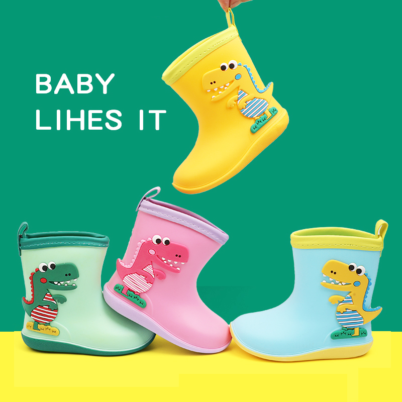 Children's Rain Boots Boys and Girls Children's Baby Kindergarten Students Non-slip fleece-lined Children's Water Shoes Dinosaur Cute Rain Boots