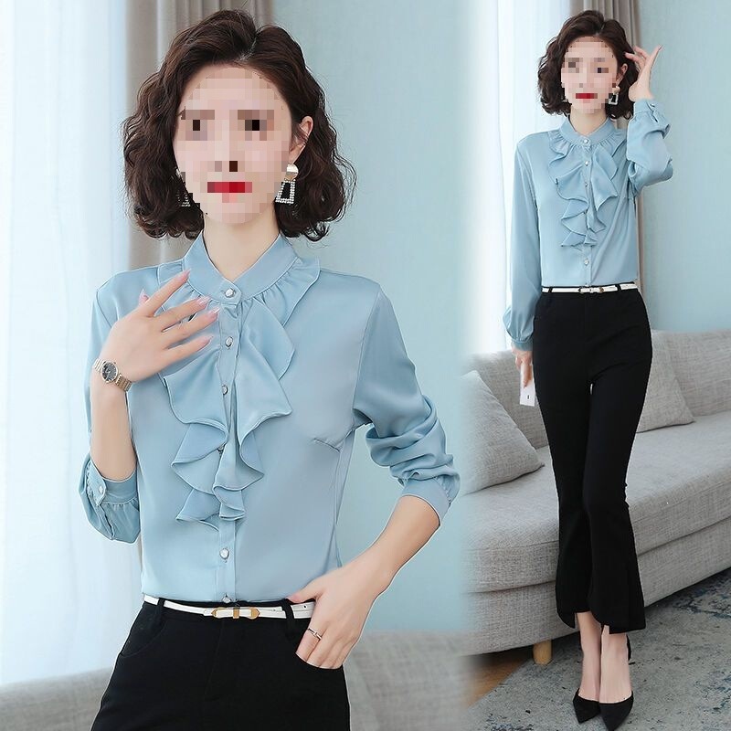 2026 Spring and Autumn New Style Stand Collar Lace Long Sleeve Korean Style Shirt for Women, Stretch Slim Fit, Slimming Ruffled Edge Blouse