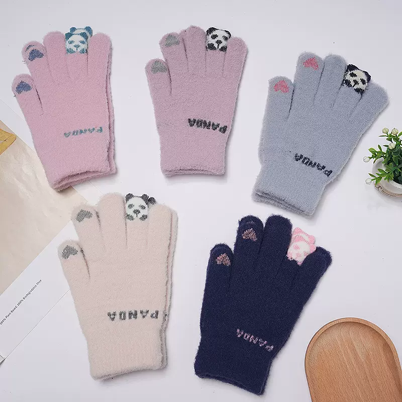 熊猫锦纶手套秋冬季户外骑车防寒保暖针织触屏五指热销成人御寒