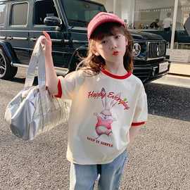 女童纯棉T恤夏装2025新款儿童时尚百搭夏季拼接体恤上衣女孩网红