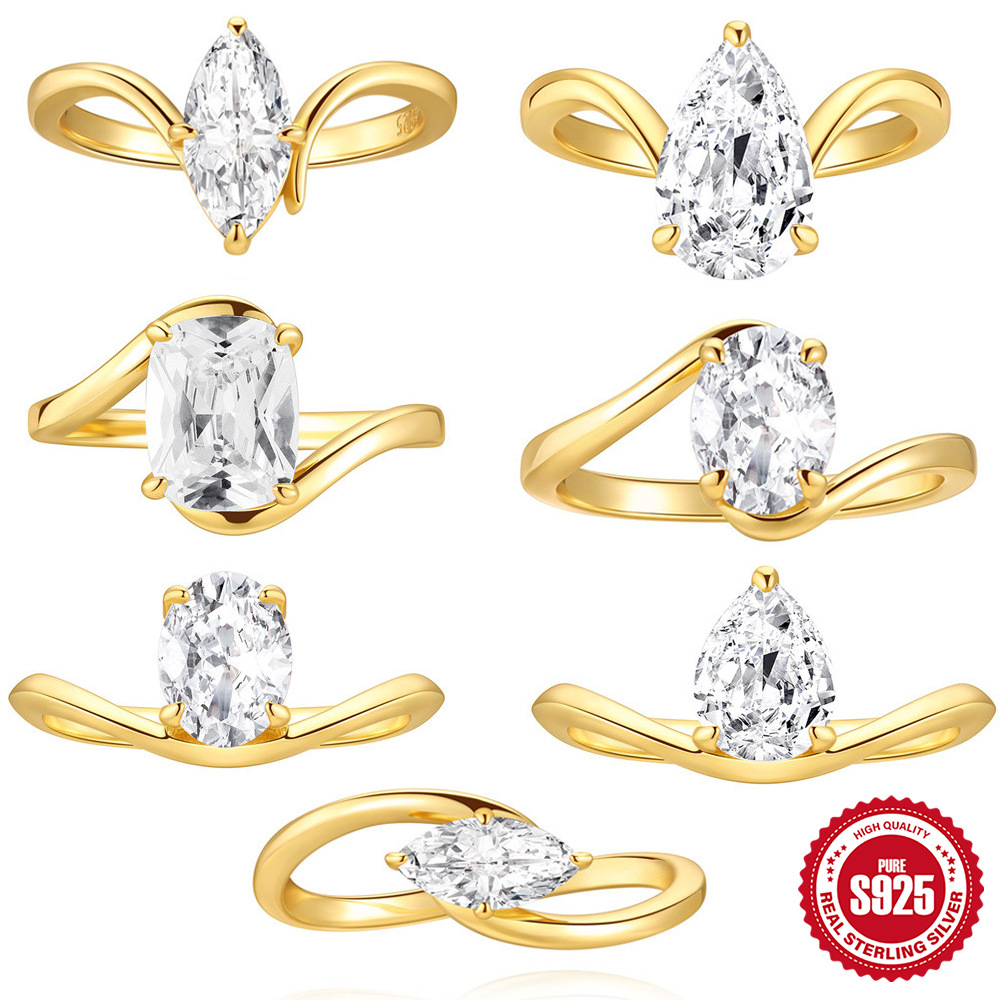 New S925 Sterling Silver Geometric Super Flash Diamond Carat Wedding Ring Korean Style Niche High-End Elegant Ring Ring