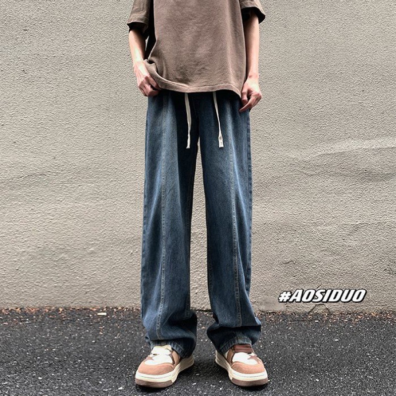 Vaqueros con cordón retro americano para hombres de primavera y otoño nuevo estilo holgado recto vibe marca de moda pantalones casuales de pierna ancha