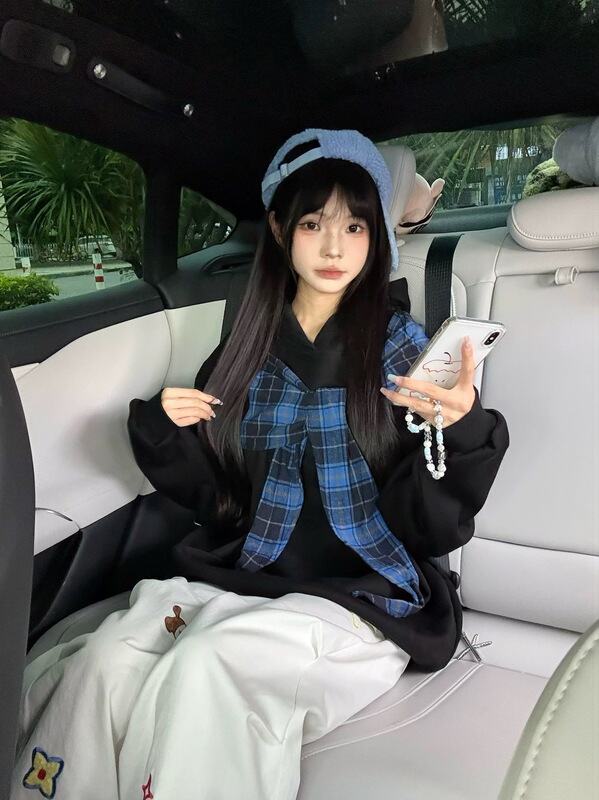 格子绑带拼接连帽卫衣女2025秋季新款宽松学生慵懒风美式chic外套|undefined