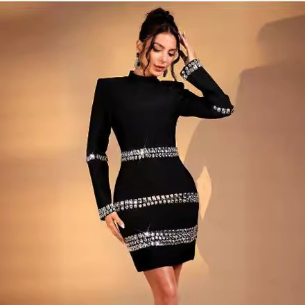 Black fashion semi-high collar niche diamond long sleeve tight bandage hip dress a generation of hair dress Black fashion semi-high collar niche diamond long sleeve tight bandage hip dress a generation of hair dress