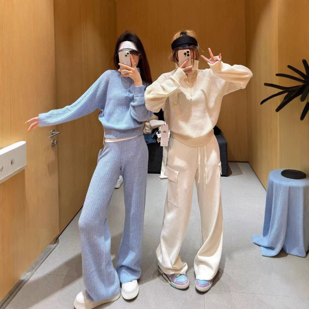 女装新款Alo华夫格高领长袖毛衣针织衫女卫衣普拉提宽松显瘦套装