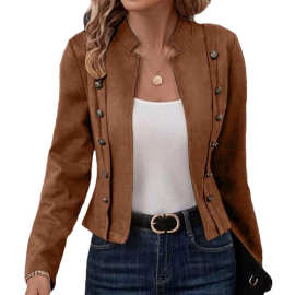 欧美跨境女式人造绒面革短款夹克秋季休闲商务长袖开襟新款外套