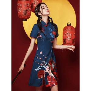 Opera film qipao Chinese wind paragraphs young little short Retro Printed Chinese Dresses Qipao Side slit Asian Theme Party Cosplay cheongsam Dresses for women girls 