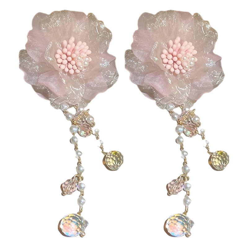Aguja de plata Rosa malla flor perla borla pendientes diseño de moda dulce temperamento pendientes al por mayor femenina