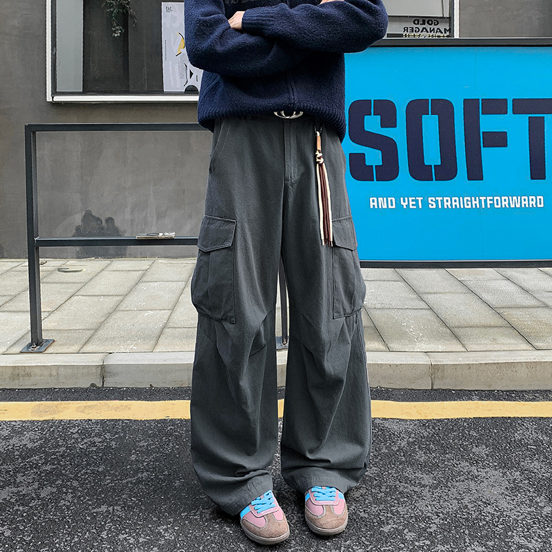 Autumn High Street Retro Cotton Multi-Pocket Straight Loose Casual Cargo Pants for Tall Men Loose Straight Wide Leg Pants