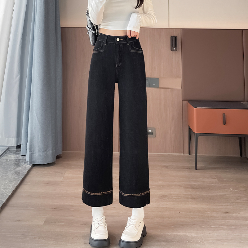 弹力黑金色刺绣牛仔裤女九分时尚复古个性明线装饰小个子八分裤子|undefined