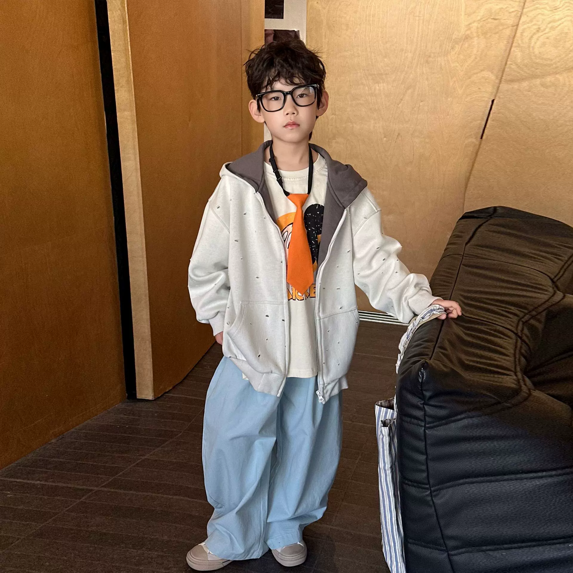 男童连帽外套韩版破洞宽松上衣2026春秋季儿童新款拉链衫织里童装