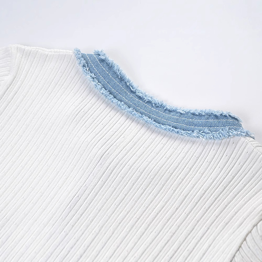 Elegancki damski sweter D, nowy letni, dżinsowy, patchworkowy, długi, z guzikami i okrągłym dekoltem, dzianinowy_voghion.com