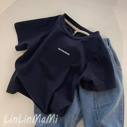 100% Cotton Korean Style Summer Top for Boys, Short-Sleeve Children's Cool and Stylish Casual Navy Blue T-Shirt for Babies, Navy Blue T-Shirt