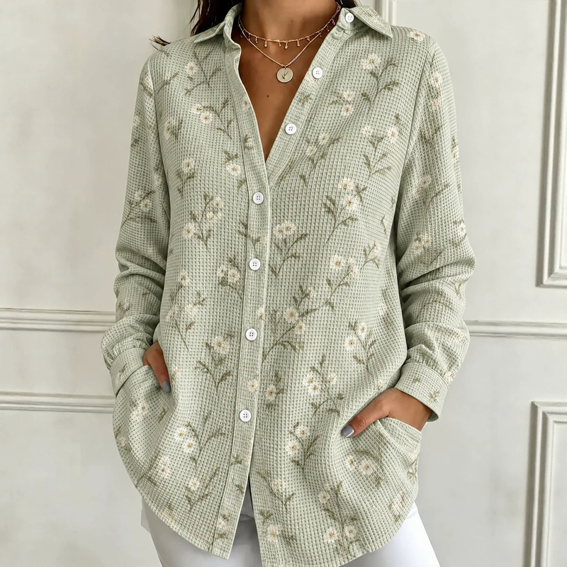 Women's Lapel Long Sleeve Shirt Loose Button Cardigan Curved Hem Pocket Top Floral Striped Holiday Print Women's Lapel Long Sleeve Shirt Loose Button Cardigan Curved Hem Pocket Top Floral Striped Holiday Print